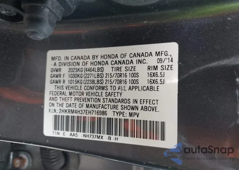 2014 Honda Cr-V Lx z USA, uszkodzony, nr VIN 2HKRM4H37EH716986